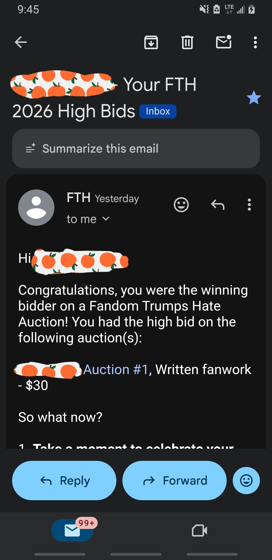 Email talking about winning a fanfic charity auction.